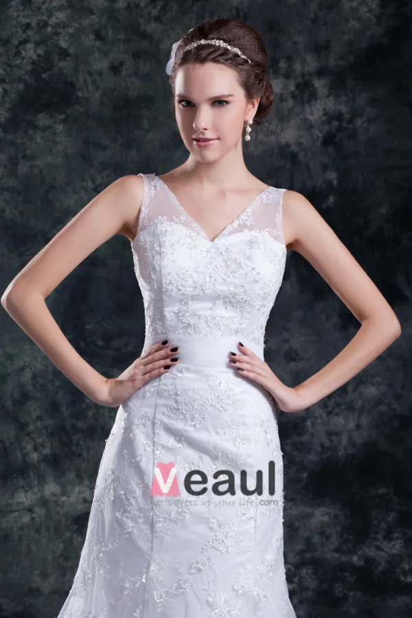 Lace Beading V Neck Floor Length Sweep Train Sheath Wedding Dress