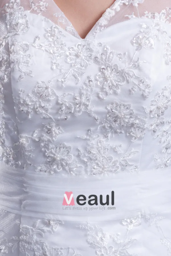 Lace Beading V Neck Floor Length Sweep Train Sheath Wedding Dress