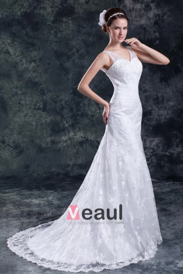 Lace Beading V Neck Floor Length Sweep Train Sheath Wedding Dress