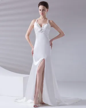 Bretelles Perles Etage Longueur Charmeuse Femme Robe De Mariée Fourreau Volants