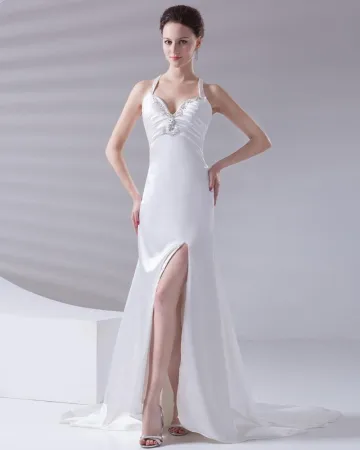 Bretelles Perles Etage Longueur Charmeuse Femme Robe De Mariée Fourreau Volants