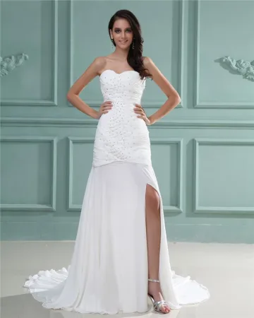 Trägerlosen Ärmellos Reißverschluss Perlen Ruffle Bodenlangen Chiffon Frau Mantel Brautkleid