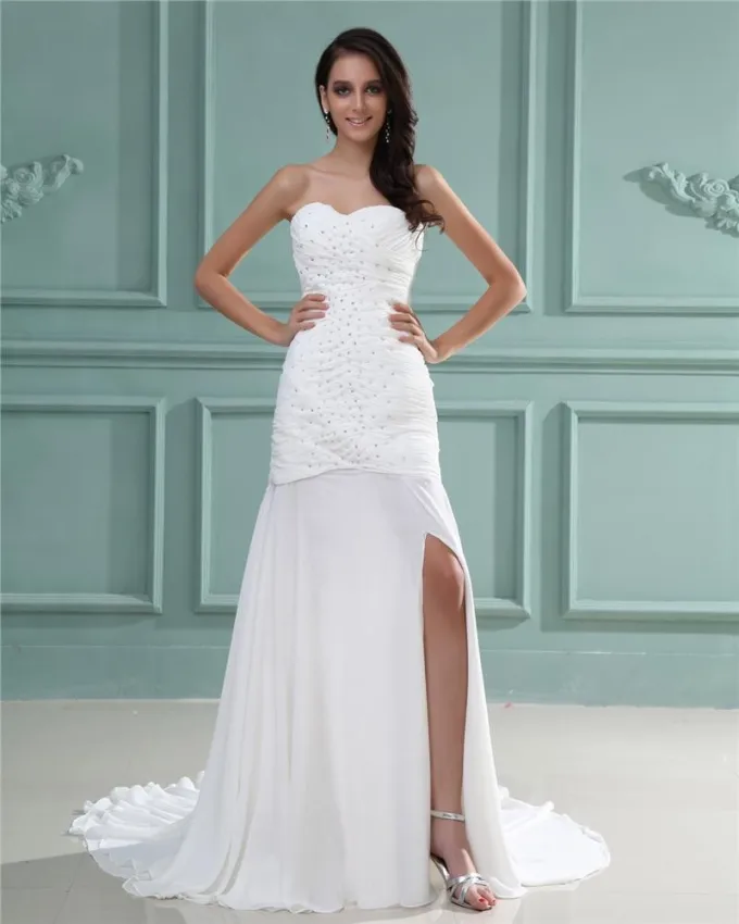 Stroppelos Ermelos Glidelas Beading Krusning Gulv Lengde Chiffon Kvinne Skjede Brudekjoler Bryllupskjoler