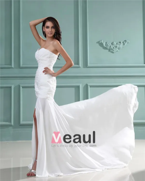 Trägerlosen Ärmellos Reißverschluss Perlen Ruffle Bodenlangen Chiffon Frau Mantel Brautkleid