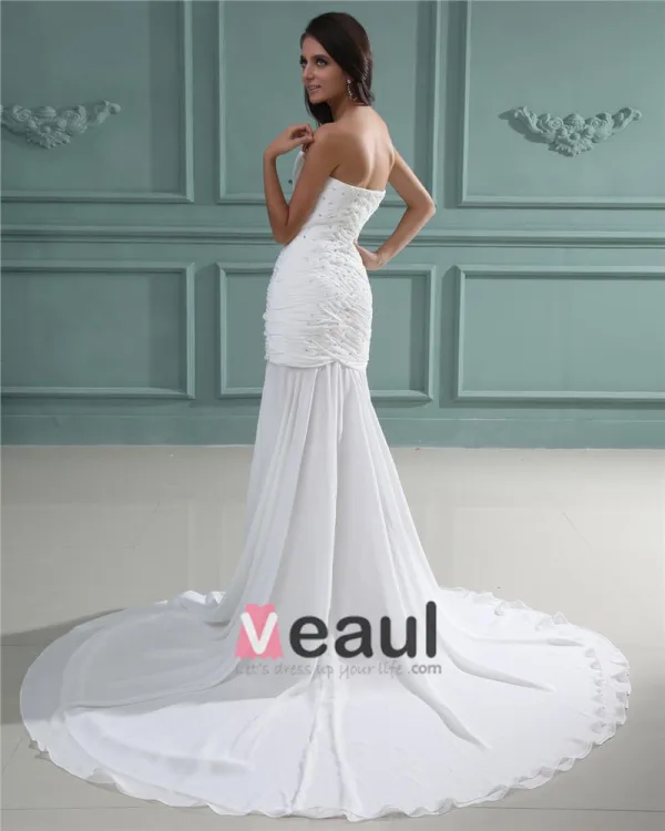 Trägerlosen Ärmellos Reißverschluss Perlen Ruffle Bodenlangen Chiffon Frau Mantel Brautkleid