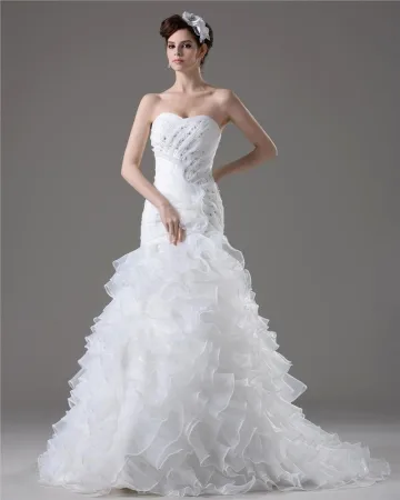 Vestido De Boda De La Sirena Del Hilado Tren De La Corte Hasta El Suelo Novia Elegante Volantes Rebordear