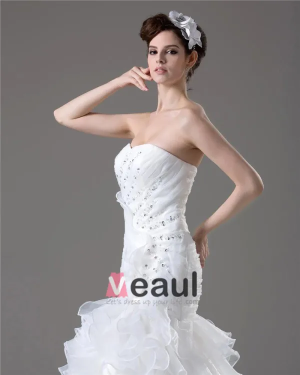 Graceful Beading Ruffles Floor Length Court Train Sweetheart Yarn Mermaid Wedding Dress