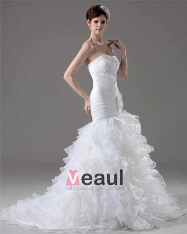 Graceful Beading Ruffles Floor Length Court Train Sweetheart Yarn Mermaid Wedding Dress