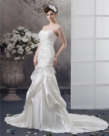 Strapless Beading Rufsar Golv Langd Satin Slida Brudklänningar Bröllopsklänningar