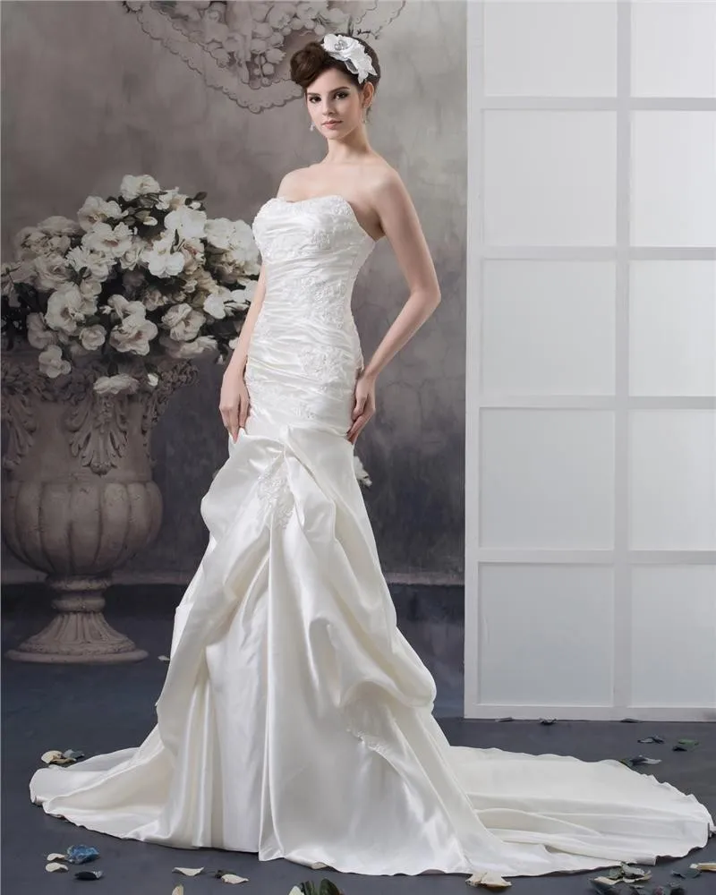 Stroppelos Beading Krusning Gulv Lengde Sateng Skjede Brudekjoler Bryllupskjoler