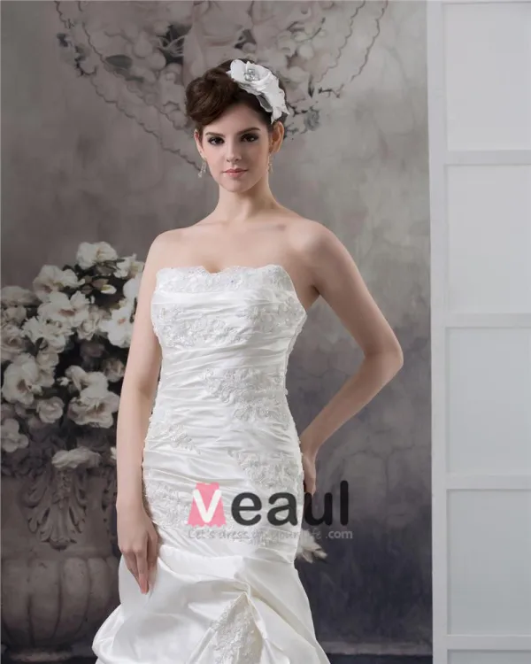 Strapless Beading Ruffle Floor Length Satin Sheath Wedding Dress