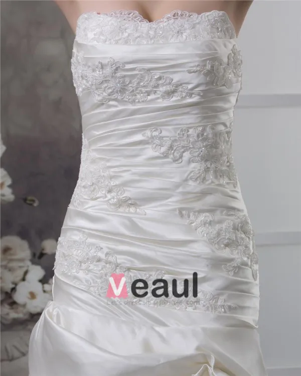 Strapless Beading Ruffle Floor Length Satin Sheath Wedding Dress