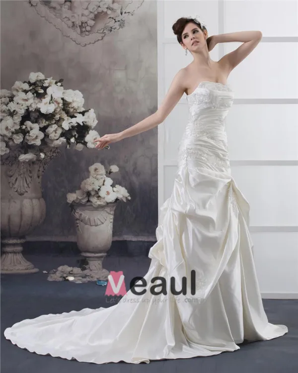 Strapless Beading Ruffle Floor Length Satin Sheath Wedding Dress