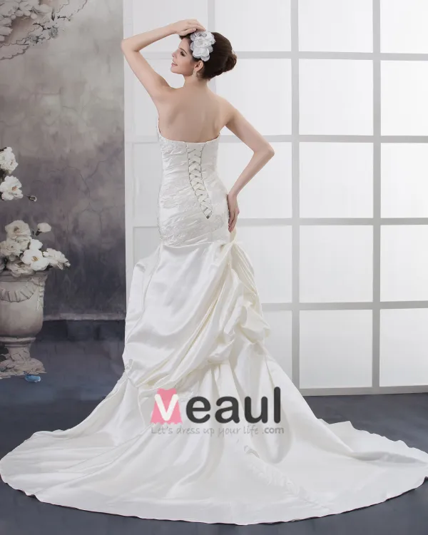 Strapless Beading Ruffle Floor Length Satin Sheath Wedding Dress