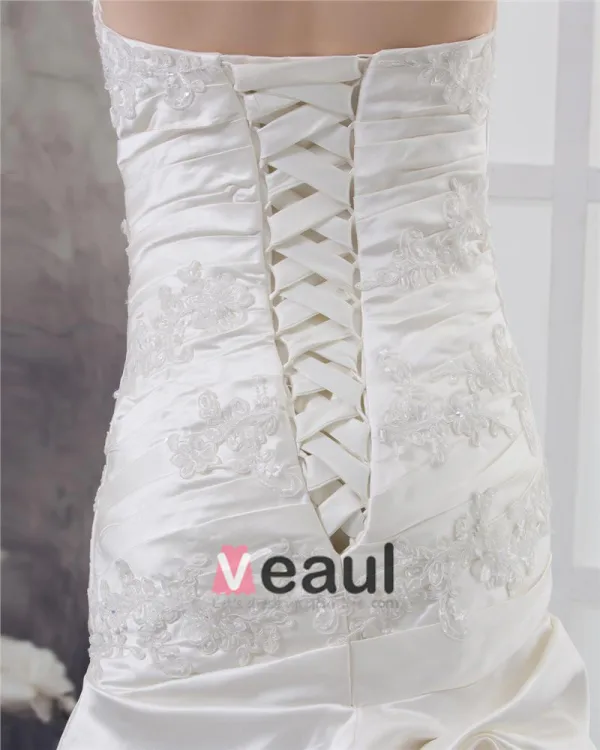 Strapless Beading Ruffle Floor Length Satin Sheath Wedding Dress