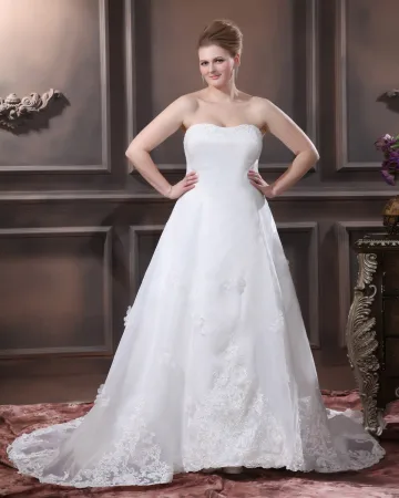 Sateng Organza Beaded Applikere Hand Blomst Stroppelos Pluss Storrelsen Brudekjoler Bryllupskjoler