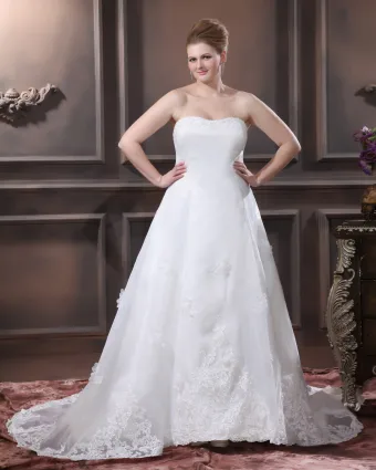 Satin Organza Beaded Applique Hand Flower Strapless Plus Size Bridal Gown Wedding Dresses