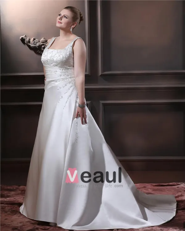 Satin Beaded Embroidery Spaghetti Straps Court Plus Size Bridal Gown Wedding Dress
