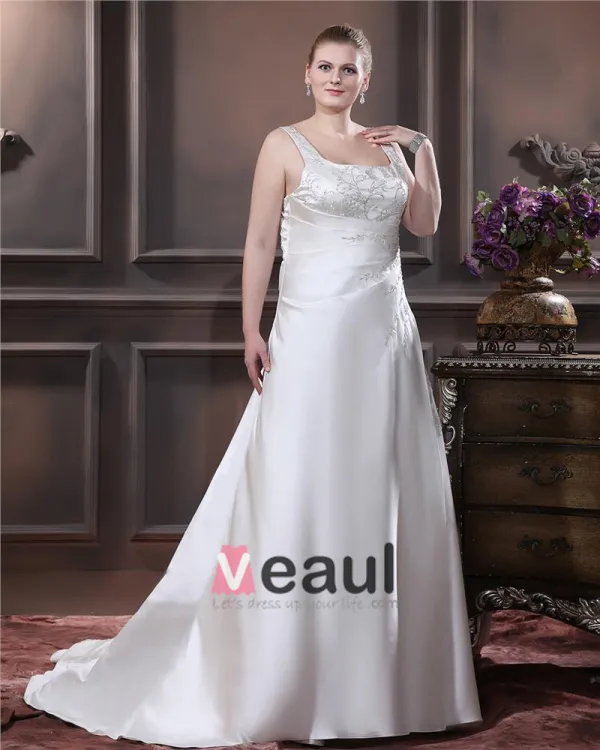 Satin Beaded Embroidery Spaghetti Straps Court Plus Size Bridal Gown Wedding Dress