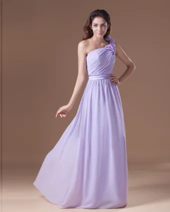 Chiffon Ruches Bloem Een Schouder Vloerlengte Bruidsmeisjes Jurken