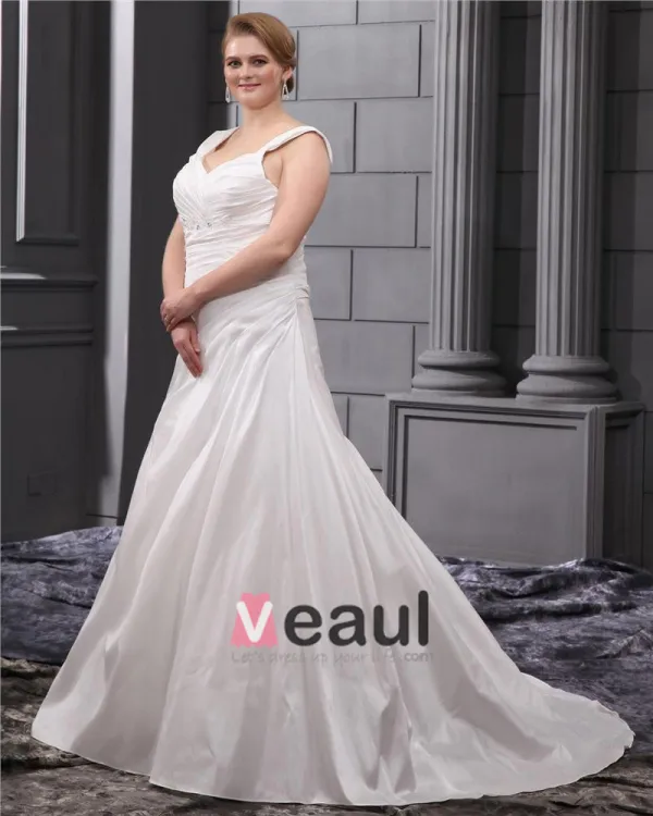 Rhinestone Ruffle Shoulder Straps Court Plus Size Bridal Gown Wedding Dress