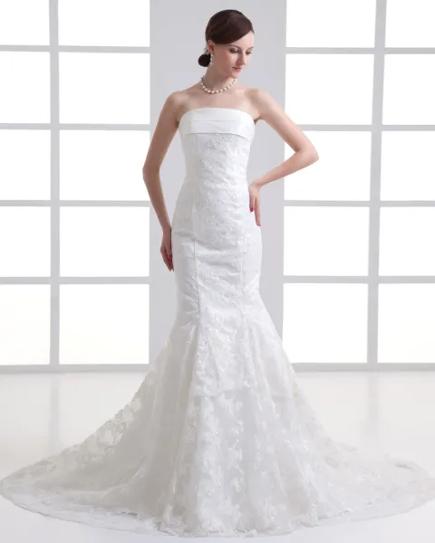 Tulle Applique Strapless Court Train Mermaid Wedding Dress