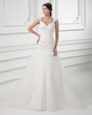 Applique De Tulle Perlage Bretelles Etage Longueur Robe De Mariée Sirène