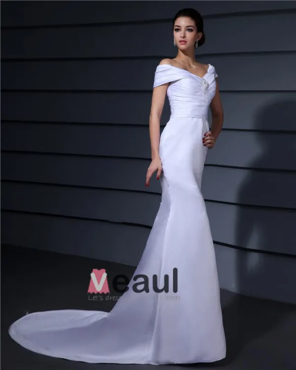 De L'epaule Plissee Perles Etage Longueur Dentelle Femme Robe De Mariée Sirène