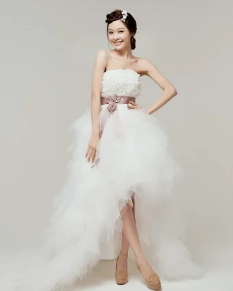 Satin Tulle Lace Beading Flower Strapless Tiered Asymmetrical Length High Low Mini Wedding Dress