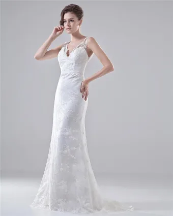 V Neck Spaghetti Straps Embroidery Floor Length Lace Sheath Wedding Dress