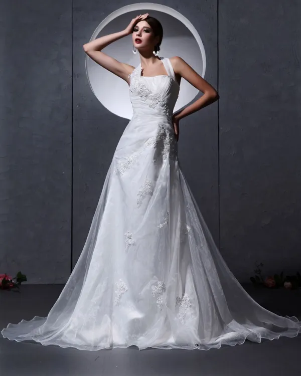 Organza Applique Bead Ruffle Embellishment Halter Chapel A-Line Bridal Gown Wedding Dresses