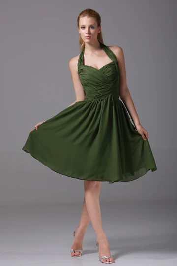 Imitation Soie Halter Ruffle Genou Robes De Demoiselle D Honneur De Mousseline De Soie Longueur