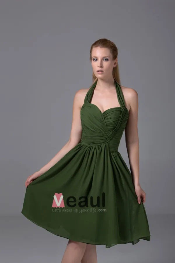 Chiffon Imitation Silk Ruffle Halter Knee Length Bridesmaid Dresses