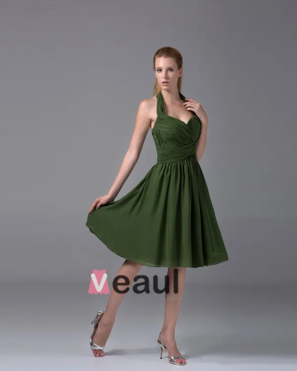 Chiffon Imitation Silk Ruffle Halter Knee Length Bridesmaid Dresses