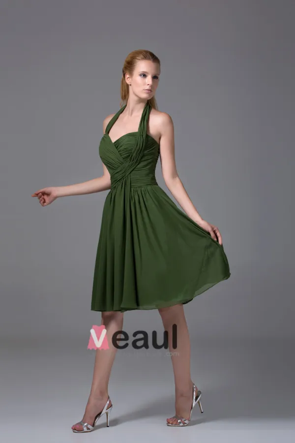 Chiffon Imitation Silk Ruffle Halter Knee Length Bridesmaid Dresses