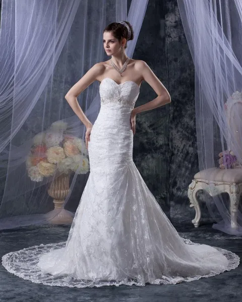 Satin Spitze Applique Rüschen Liebsten Kathedrale Zug-hochzeitskleider Brautkleider