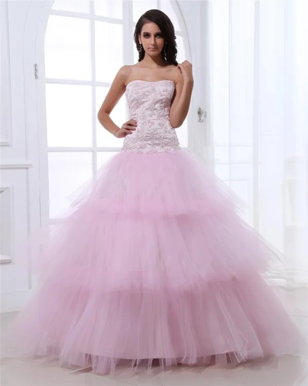 Ball Gown Elegant Yarn Layered Sweetheart Straps Floor Length Quinceanera Prom Dress