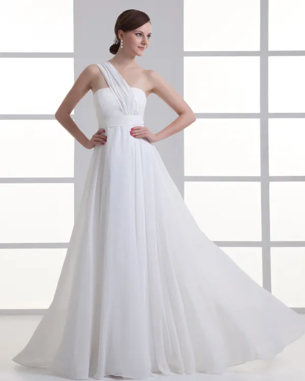 Chiffon Ruffle One Shoulder Floor Length Pleated Empire Wedding Dress
