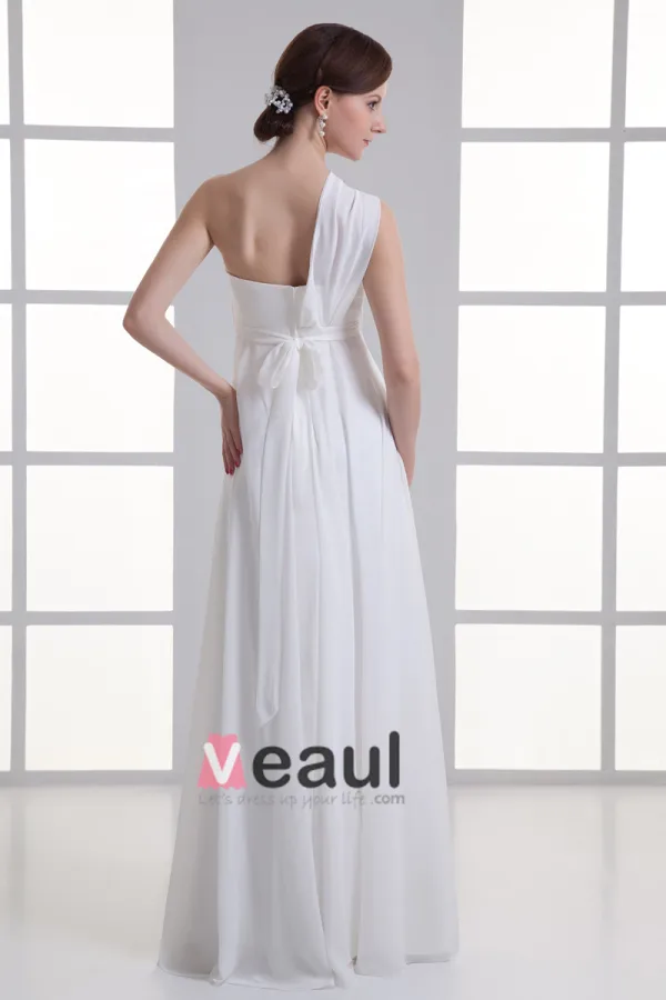 Chiffon Ruffle One Shoulder Floor Length Pleated Empire Wedding Dress