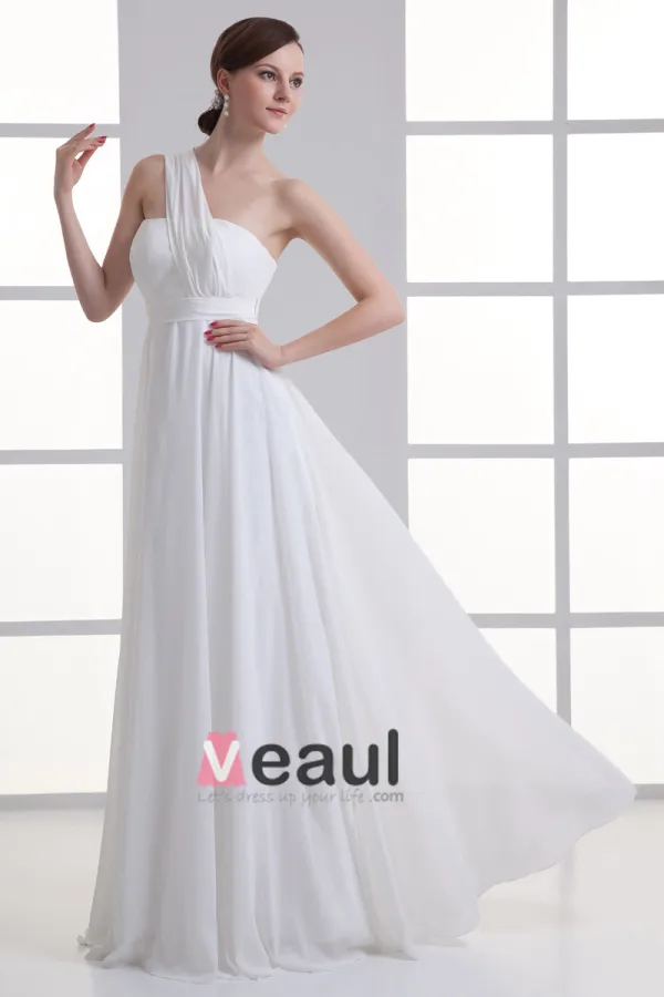 Chiffon Ruffle One Shoulder Floor Length Pleated Empire Wedding Dress