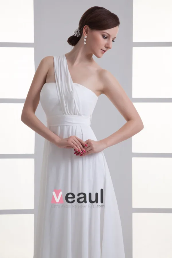 Chiffon Ruffle One Shoulder Floor Length Pleated Empire Wedding Dress