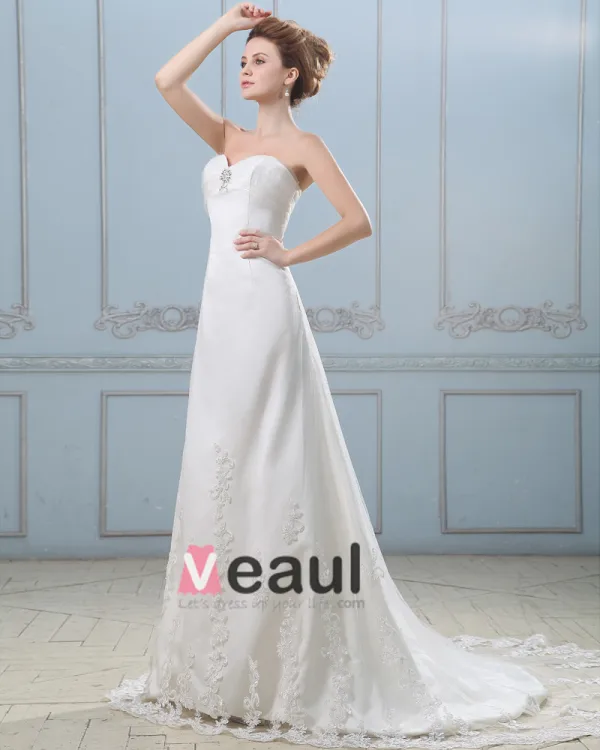 Elegant Perles Bretelles Balayage Etage Longueur Robe En Dentelle De Mariée Fourreau