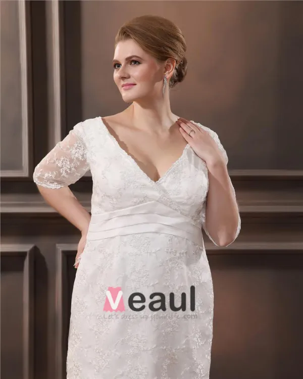 Lace V Neck Three Quarter Sleeve Plus Size Bridal Gown Wedding Dresses