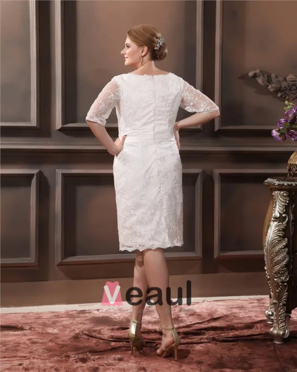 Lace V Neck Three Quarter Sleeve Plus Size Bridal Gown Wedding Dresses