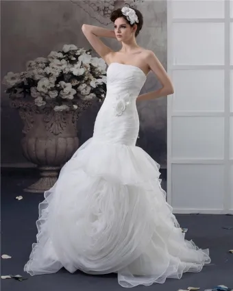 Beading Ruffles Applique Strapless Floor Length Yarn Mermaid Wedding Dress