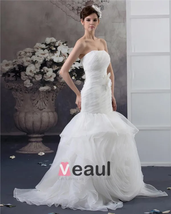 Beading Ruffles Applique Strapless Floor Length Yarn Mermaid Wedding Dress
