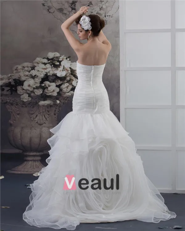 Beading Ruffles Applique Strapless Floor Length Yarn Mermaid Wedding Dress