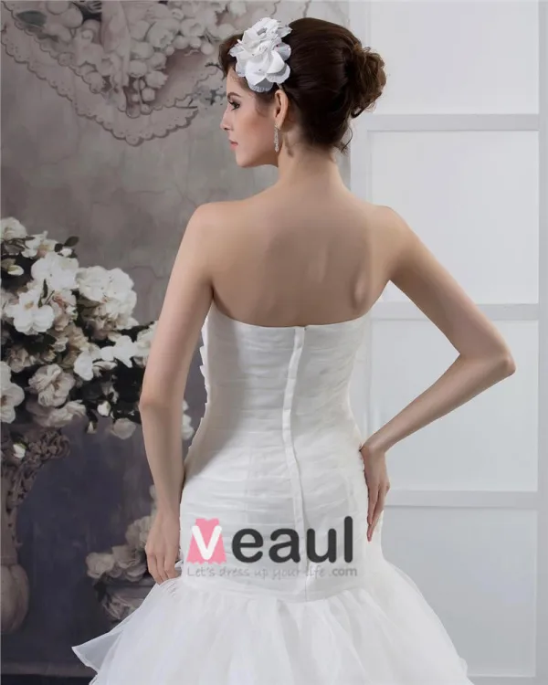 Beading Ruffles Applique Strapless Floor Length Yarn Mermaid Wedding Dress