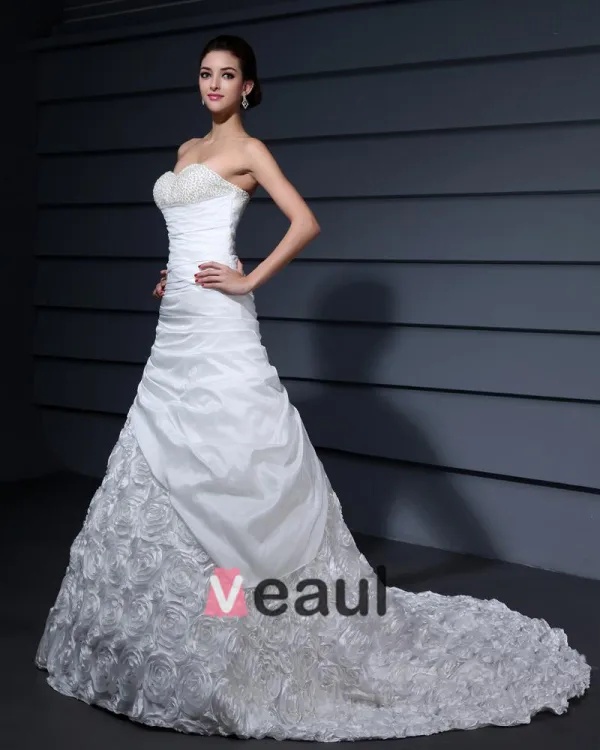 Beading Applique Decor Sweetheart Chapel Train Taffeta Bridal Grown Mermaid Wedding Dress