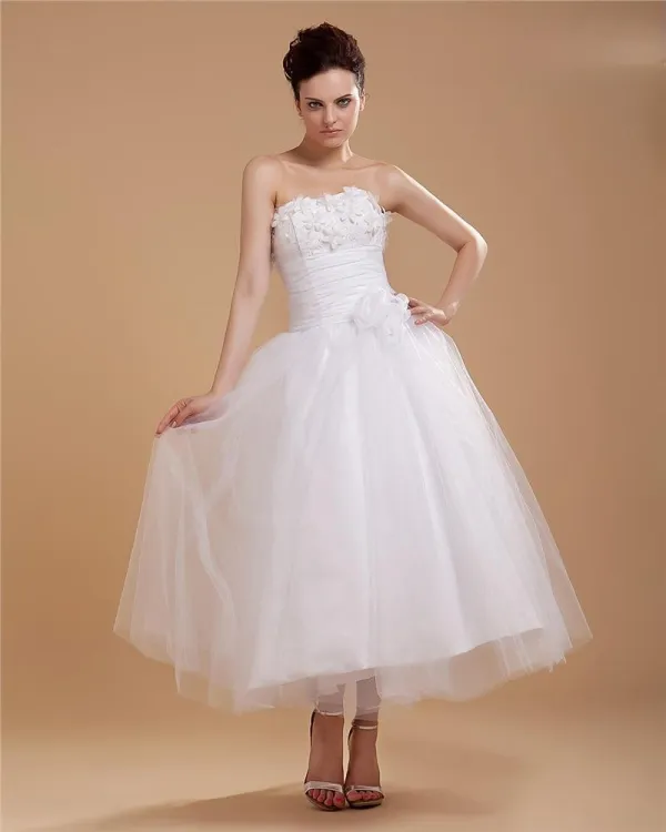 Elegant Mermaid Organza Applique Strapless Ankle Length Wedding Dress